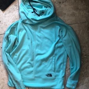 Light green north face long neck hoodie